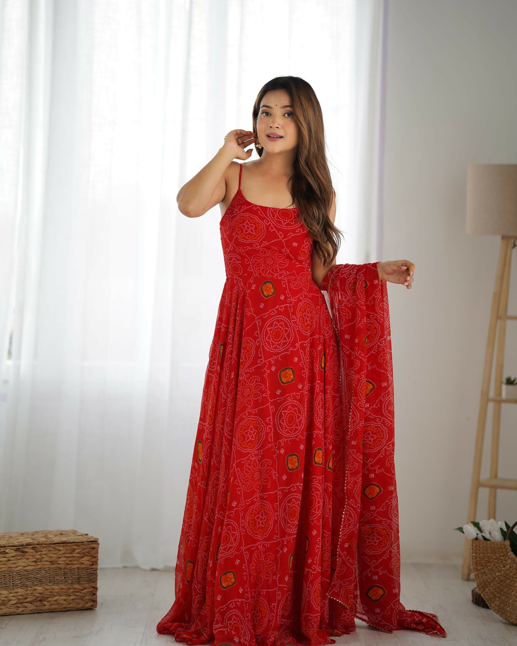 The52 Women's Beautiful Printed Chiffon Bandhej Fabric Flared Anarkali Pant and Dupatta Set - Distacart