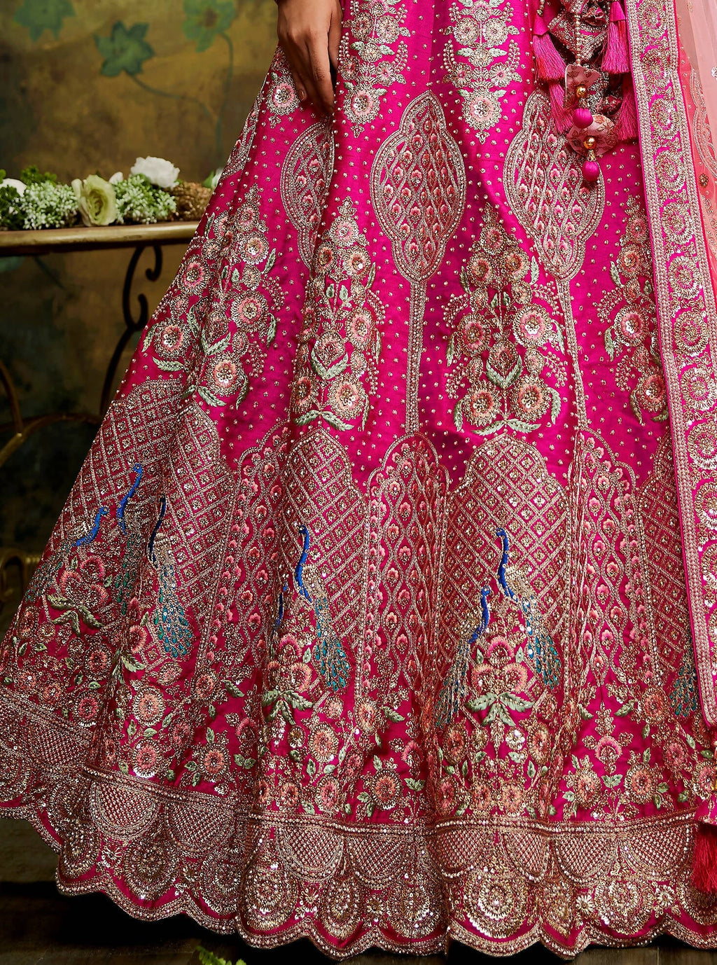 House of Panchhi Pink Pure Silk Moti & Zarkan heavy embroidery Lehenga choli & Dupatta
