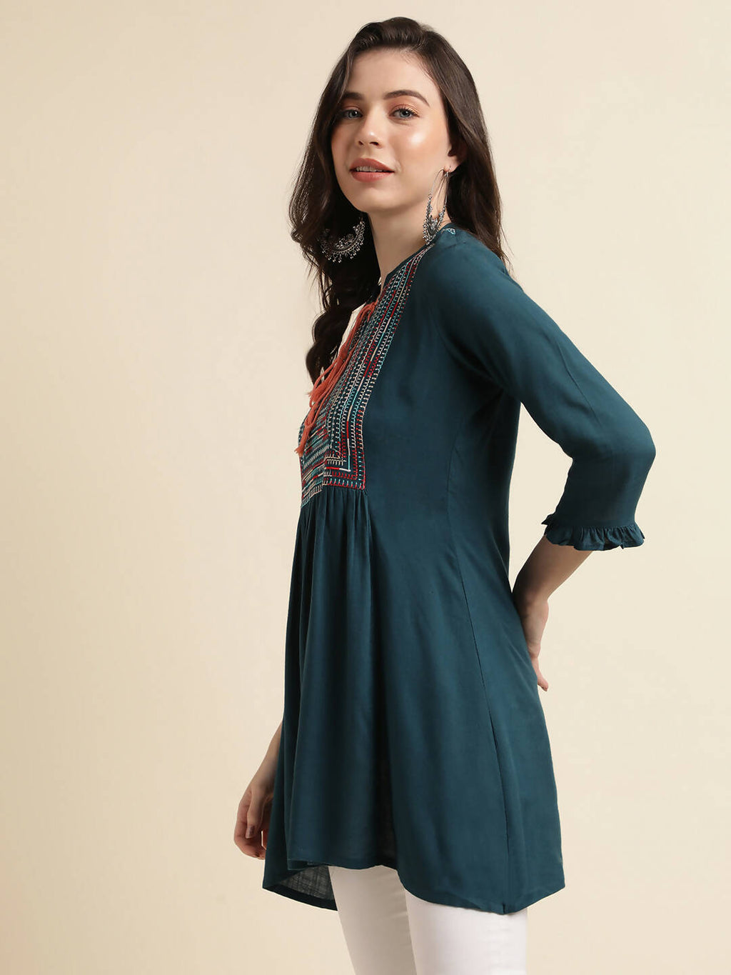 Teal Rayon Yoke Embroidered A-line Top - Tarini
