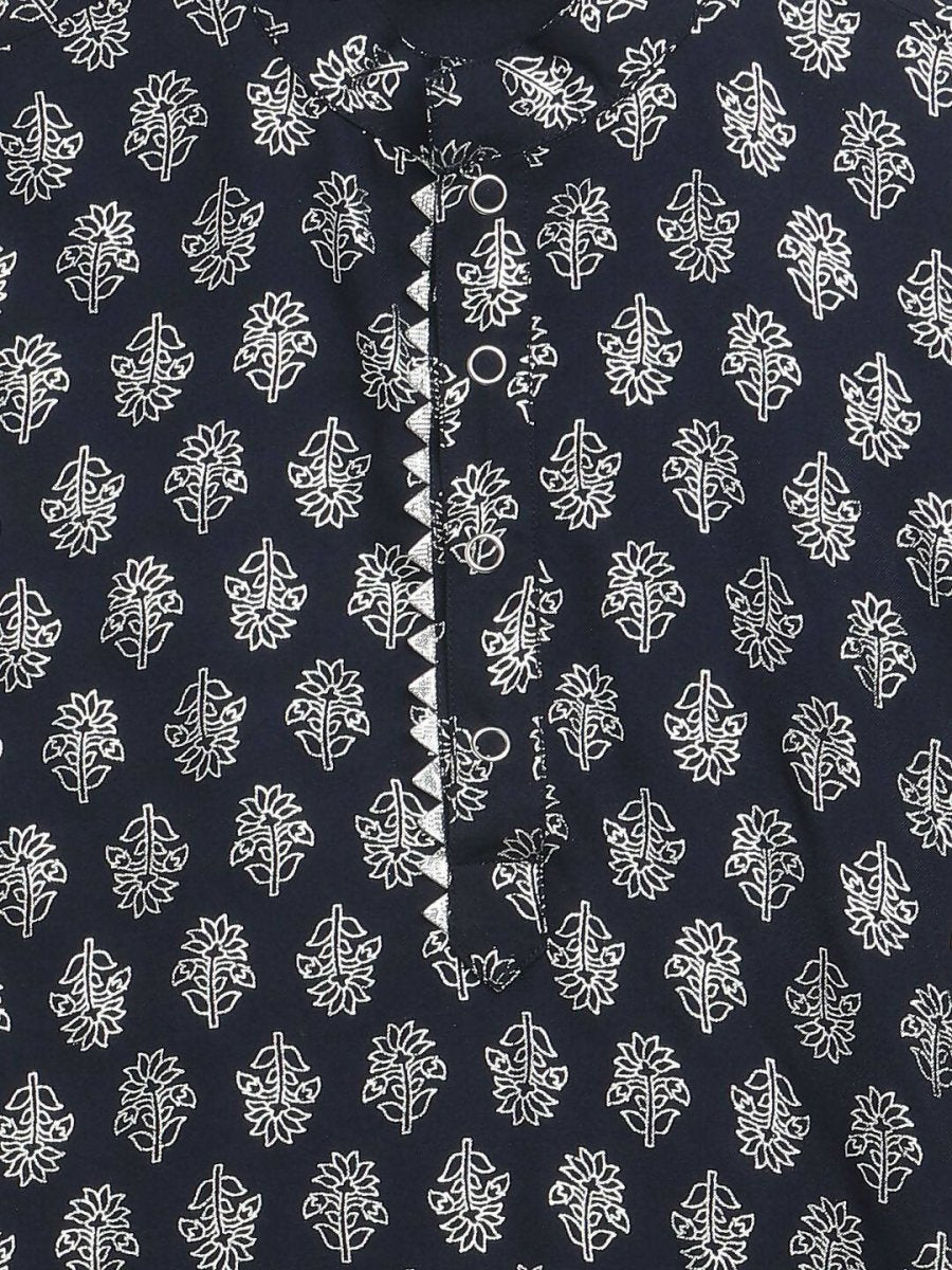 Ahalyaa Navy Blue Poly Rayon Silver Foil Print Kids Kurta Churidar Set For Boys