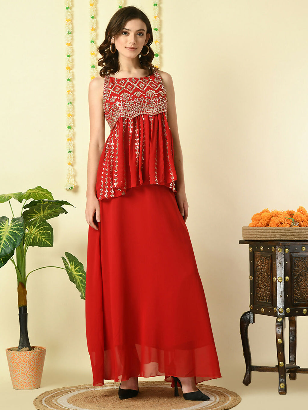 Myshka Women's Red Georgette Top With Skirt Party Sets
