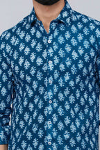 Miravan Men's Blue Printed Cotton Casual Shirt