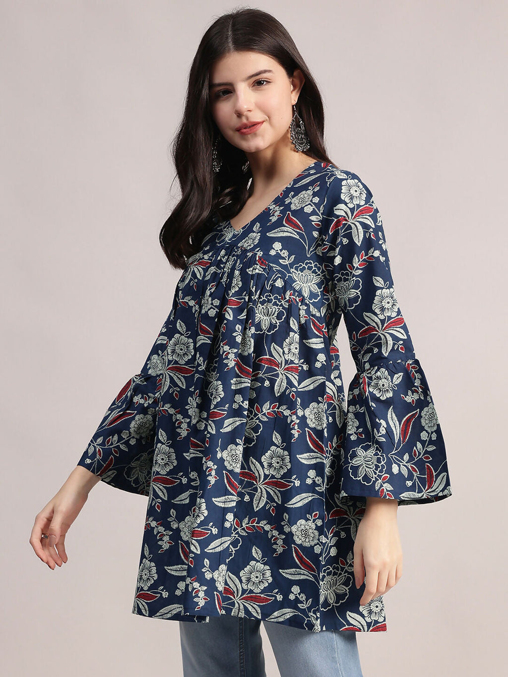 Aavyora Women's Navy Blue Cotton Tunic with Red and White Floral Print, Pin-Tuck Detailing, and Flared Sleeves