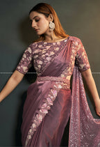 Dusty Pink Silk Satin Crepe Cord Sequence & Thread Embroidered & Moti Work Saree - Moh-Manthan Royal Enigma