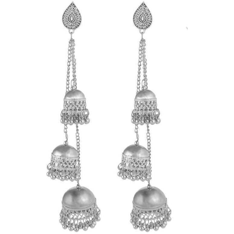 Silver Color Oxidized Traditional Wear Hanging Three Jhumkas Earrings