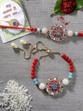NVR Women & Men Set of 2 Red-colored Stone-Studded & Beaded Bhaiya Bhabhi Rakhi With Roli Chawal & Chocolate - Distacart