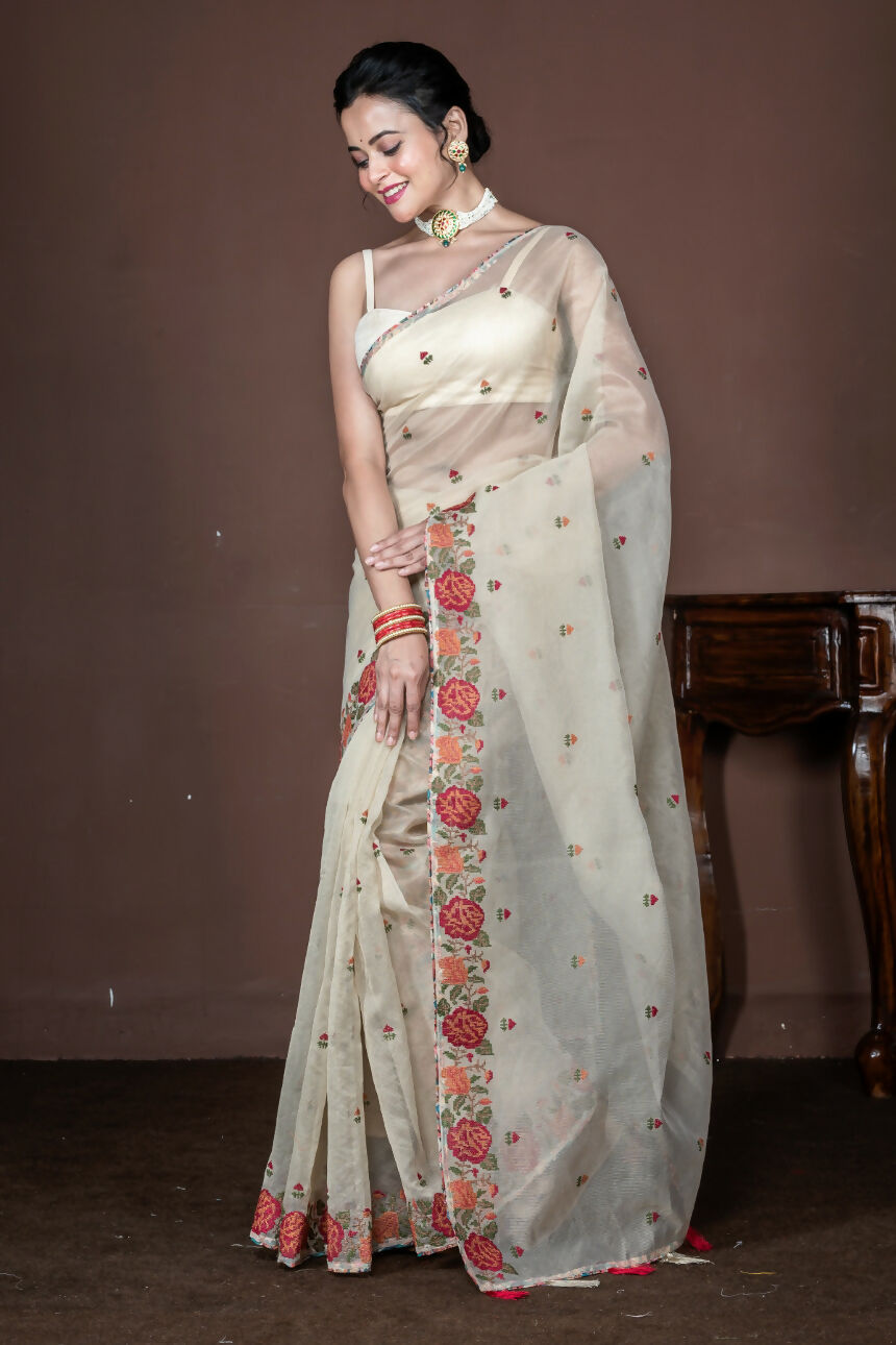Morchari Beige Supernet Cross Embroidery Saree Unstitched Blouse - Distacart
