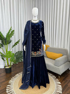 Vastranavya Blue Viscose Velvet Thread Sequence Work Kurta & Palazzo With Dupatta