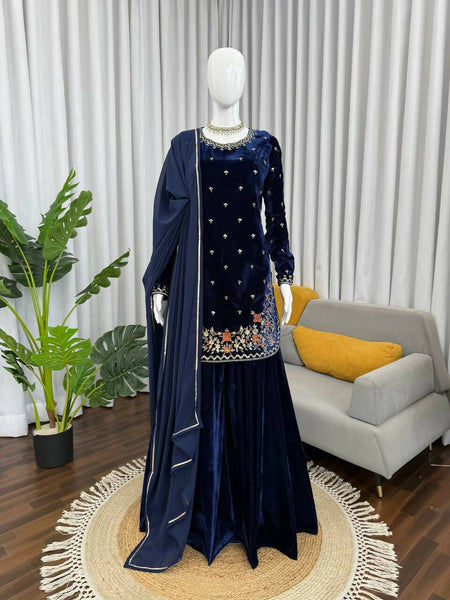 Vastranavya Blue Viscose Velvet Thread Sequence Work Kurta & Palazzo With Dupatta