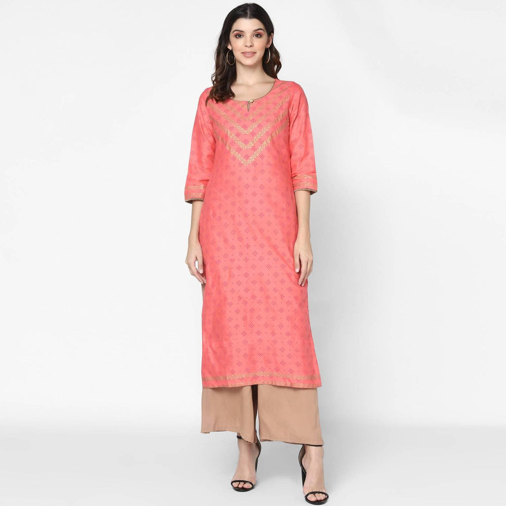 Cheera Hand Block Print Pitch & Skin Color Straight Kurta With Palazzo (MAAI-072K)
