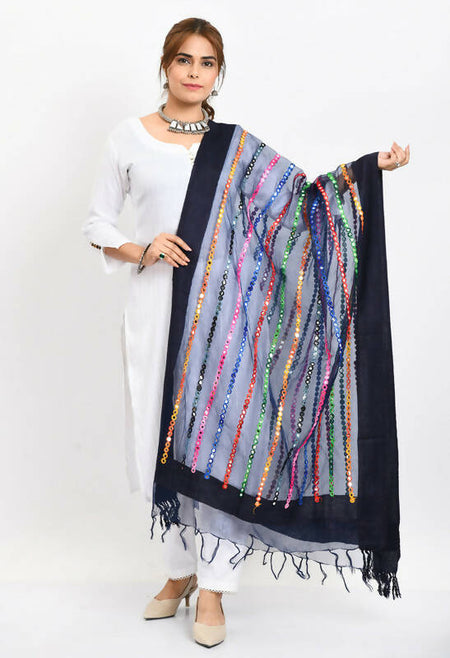 Mominos Fashion Moeza Women's Orgenza Multi Thread Mirror Work Navy Blue Dupatta