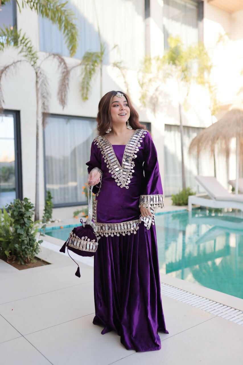 Joban Fashion Purple Kurta Set Velvet Embroidery Sequence Work - Distacart
