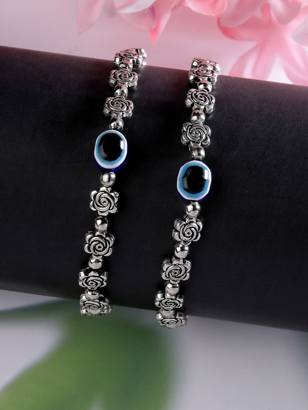 NVR Women's Evil Eye Black Silver Plated Adjustable Anklets - Distacart