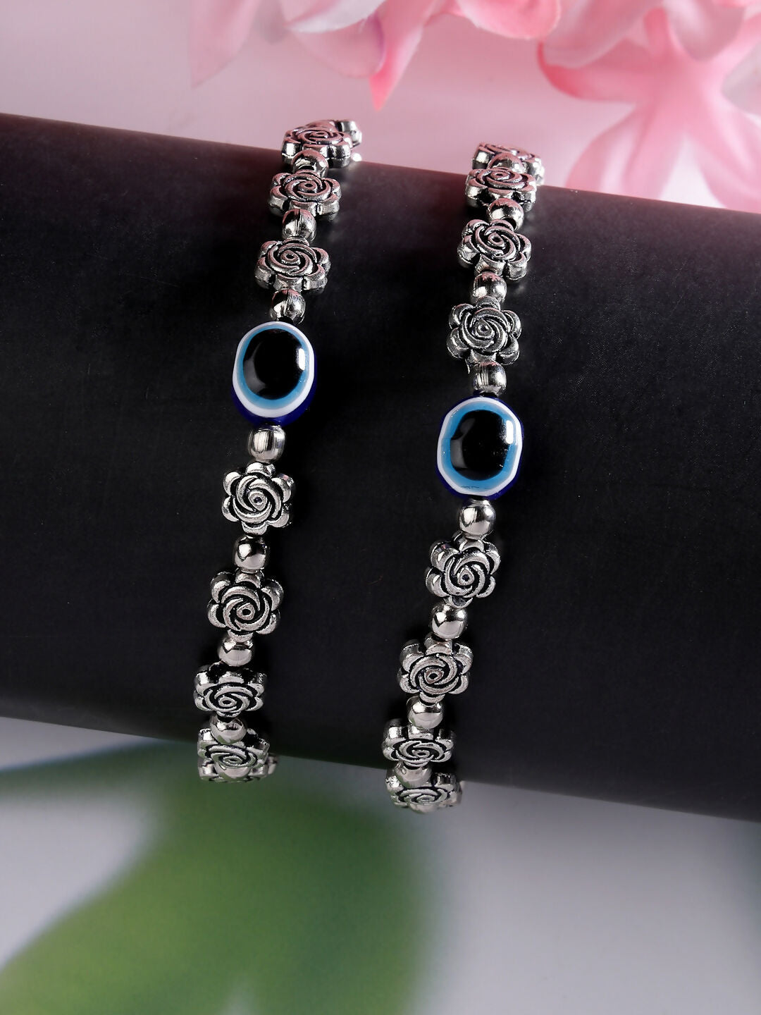 NVR Women's Evil Eye Black Silver Plated Adjustable Anklets - Distacart