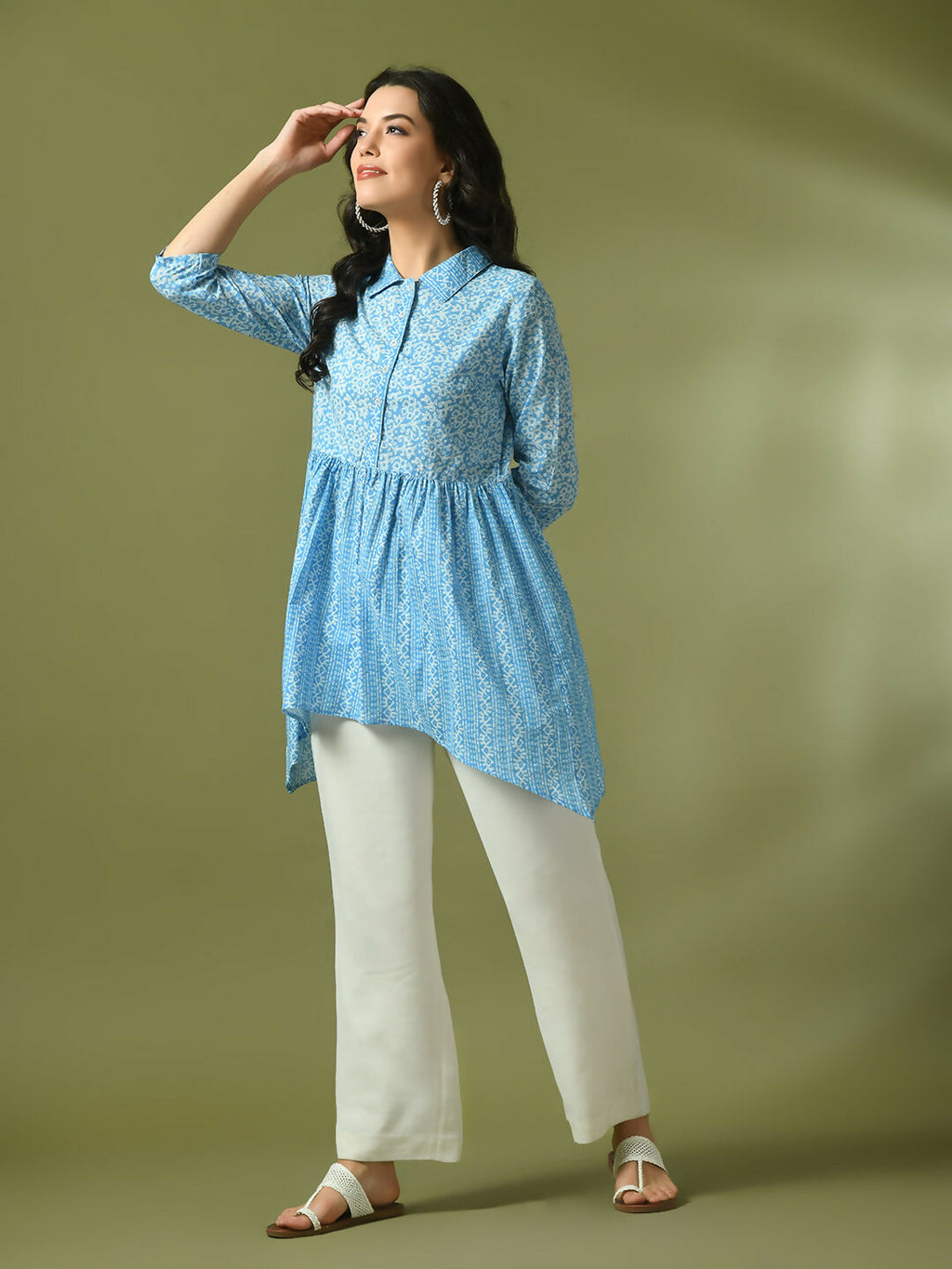 Myshka Women's Blue Embellished Cotton Gathered Party Empire Top