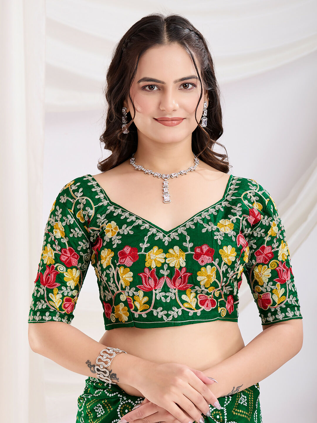 Green Vichitra Silk Bandhani Printed, Embroidery Work Saree - Ditya