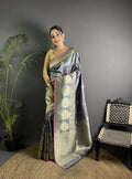 Joban Fashion Dark Grey Banarasi Soft Lichi Silk Paisley Saree - Distacart