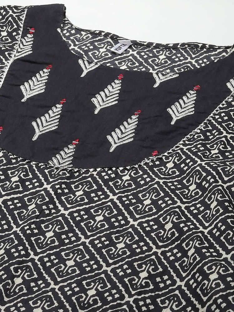 Yufta Women Black & Off-White Ethnic Motifs Printed Thread Work Cotton Kurta Set & Dupatta