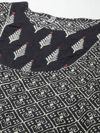 Yufta Women Black & Off-White Ethnic Motifs Printed Thread Work Cotton Kurta Set & Dupatta