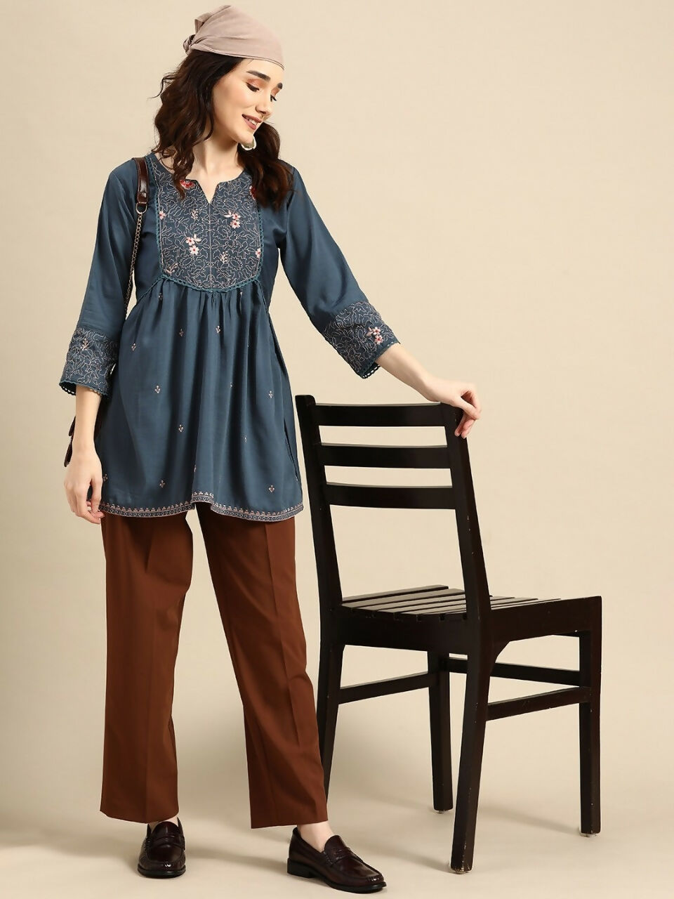 Women's Turquoise Blue Viscose blend Embroidered Short Top - Marina