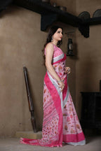 Prime Volt Linen Cotton Pink Printed Saree with Contrast Zari Border and Designer Blouse - Distacart