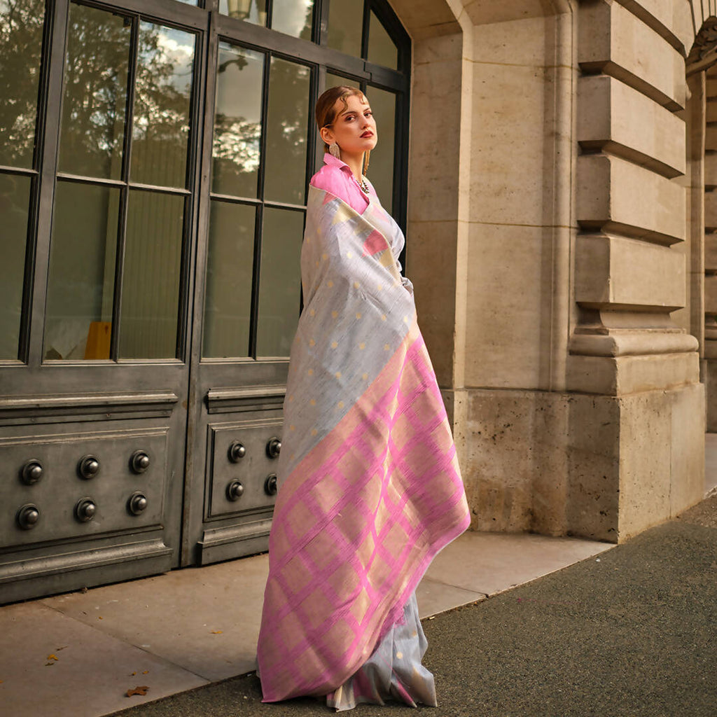 Coine Grey Handloom Khaddi Silk Saree With Contrast Pallu & Blouse - Rajtex Khwaab Silk