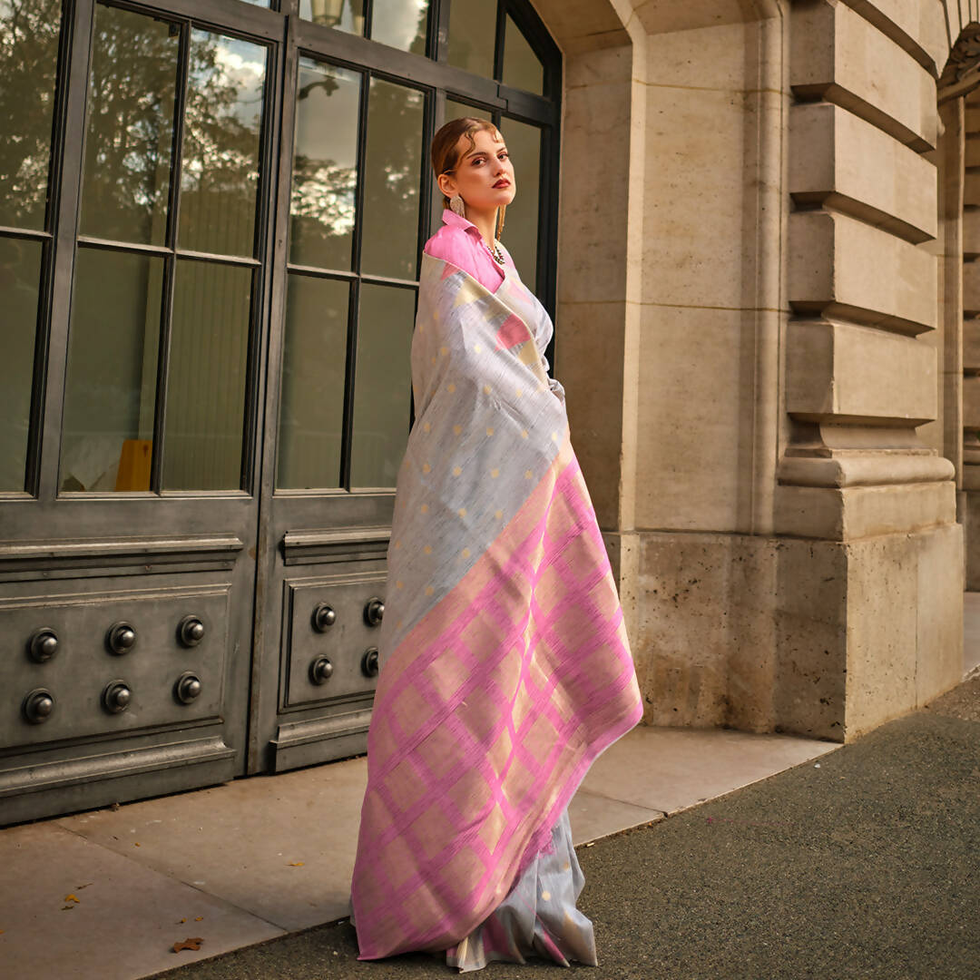 Coine Grey Handloom Khaddi Silk Saree With Contrast Pallu & Blouse - Rajtex Khwaab Silk