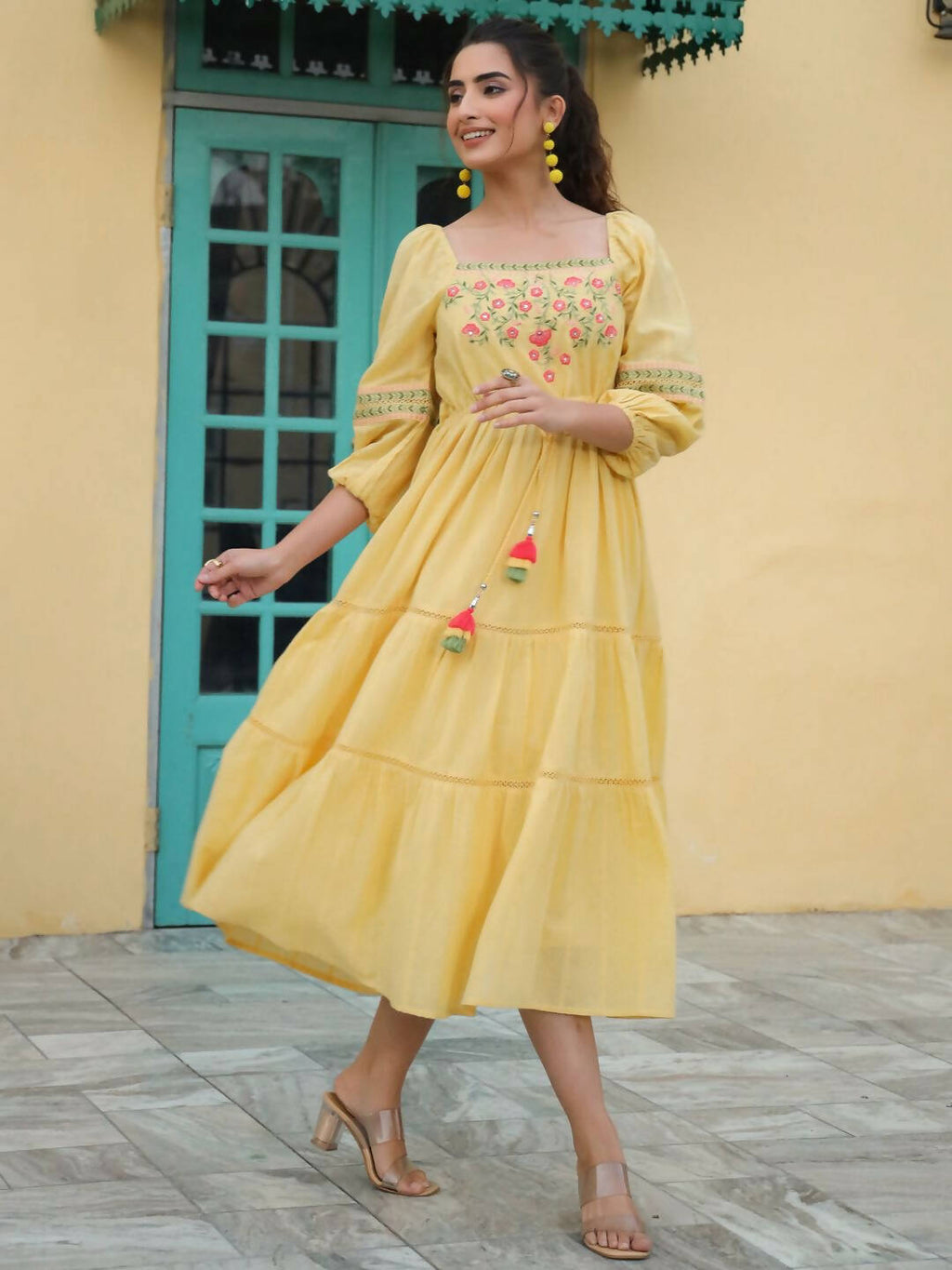 Juniper Women's Yellow Cotton Dobby Embroidered Flared Dress - Distacart