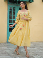 Juniper Women's Yellow Cotton Dobby Embroidered Flared Dress - Distacart