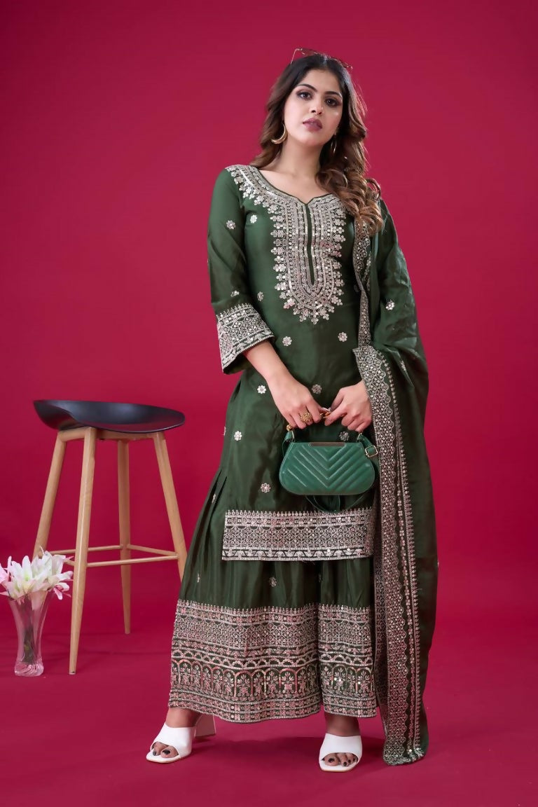 Teeya Creation Green Colour Chinnon Silk Heavy Embroidery Work Fully Stitched Salwar Suit - Distacart