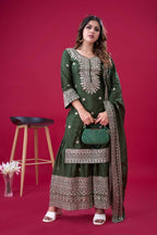 Teeya Creation Green Colour Chinnon Silk Heavy Embroidery Work Fully Stitched Salwar Suit - Distacart