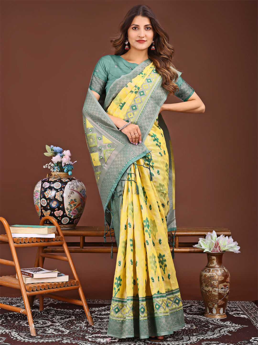 Shree Shyam Fashion Linen Cotton Yellow Saree - Distacart