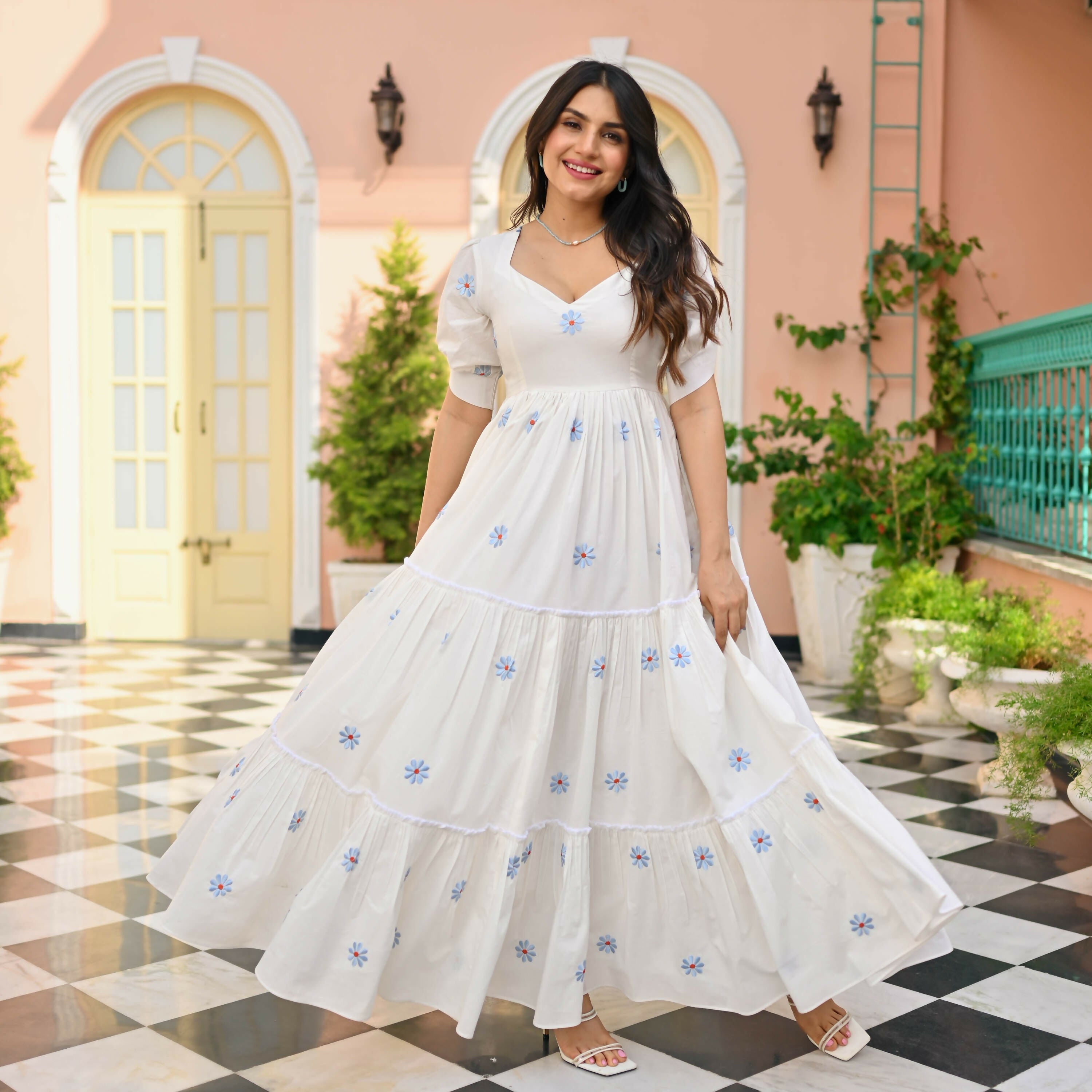 The52 Women's Gorgeous Thread work Cotton Rayon Fabric Flared Dress