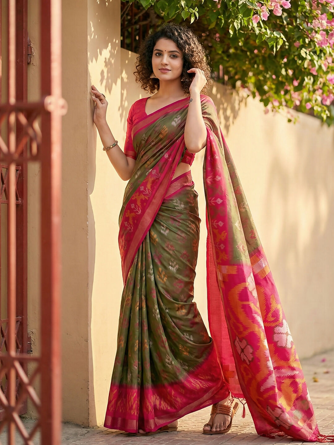 Shree Shyam Fashion Olive Green Pochampally Silk Saree - Distacart