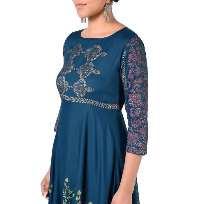 Aniyah Rayon Floral Print Flared Kurta Blue (AN-160K)
