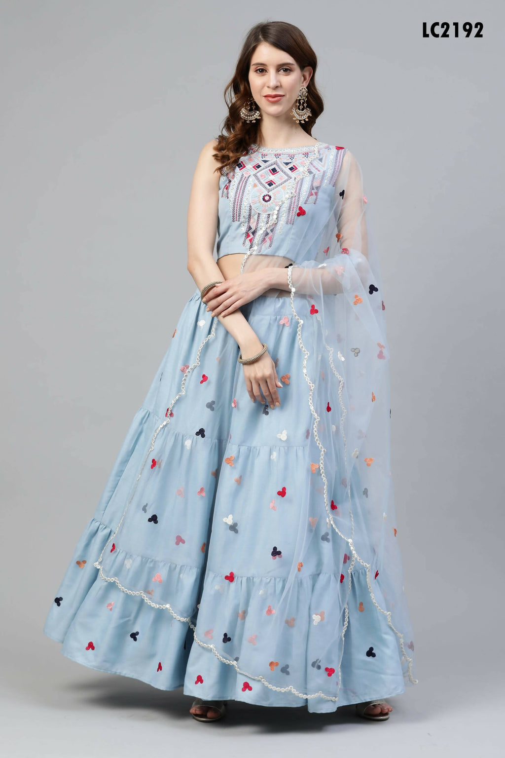 Sky Blue Cotton Embroidered Work Lehenga Choli with Dupatta - Jivika