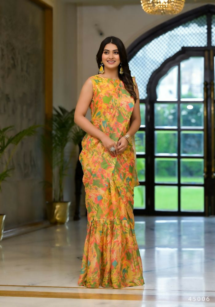 Partywear Designer Yellow Slime Georgette Fancy Saree - Anbazaar