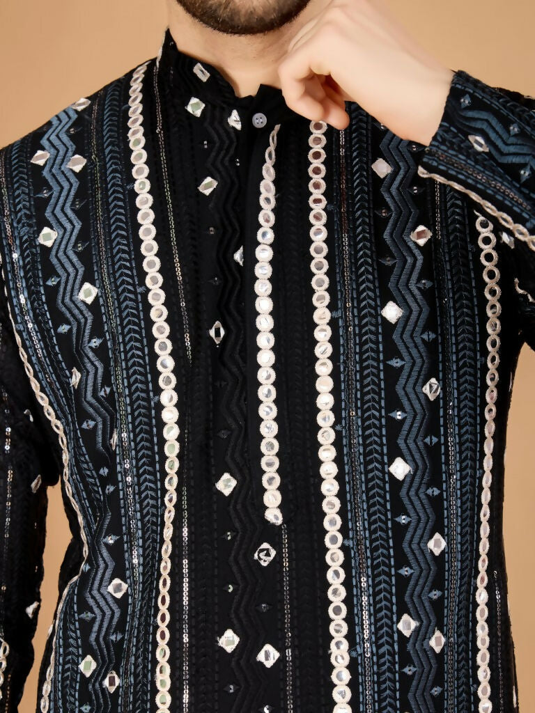 Vastranavya Black Exclusive Festival Wear Pure Viscose Rayon Sequence & Foil Mirror Heavy Embroidered Work Kurta