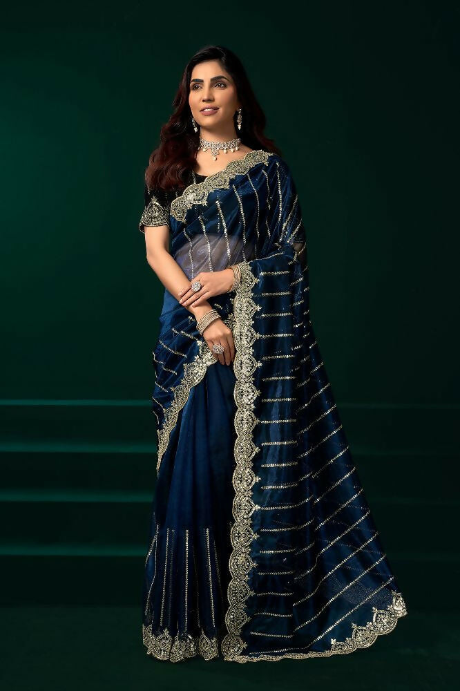 Joban Fashion Navy Blue Net Party Wear Sarees - Distacart