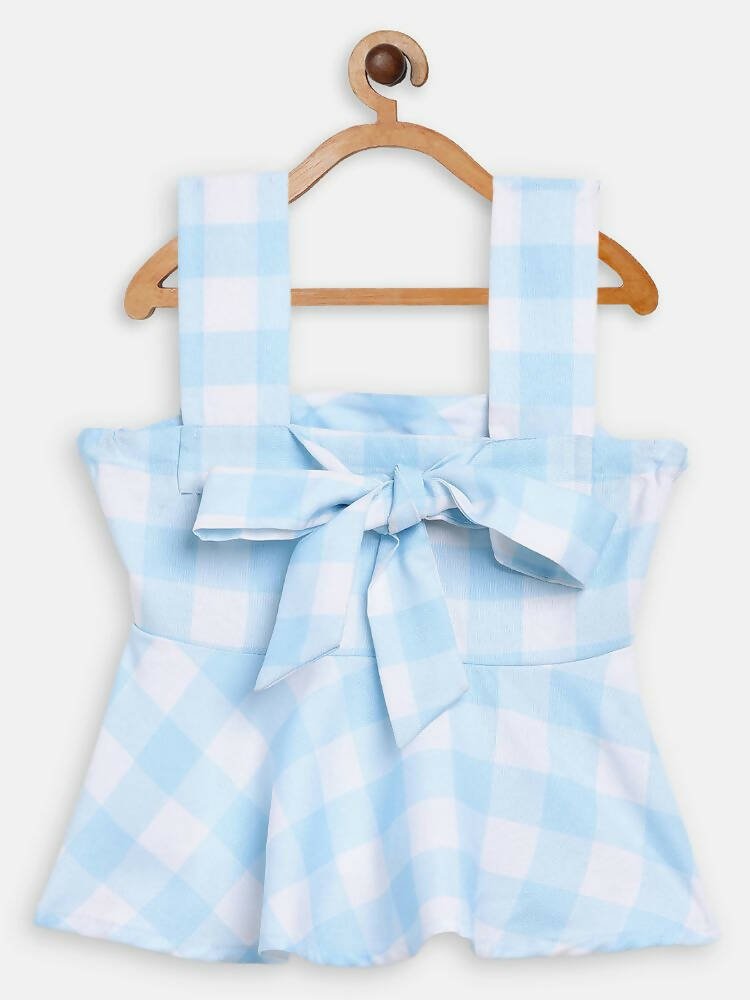 Ahalyaa Sky Blue Rayon Checked Kids Top With Skirts For Girls