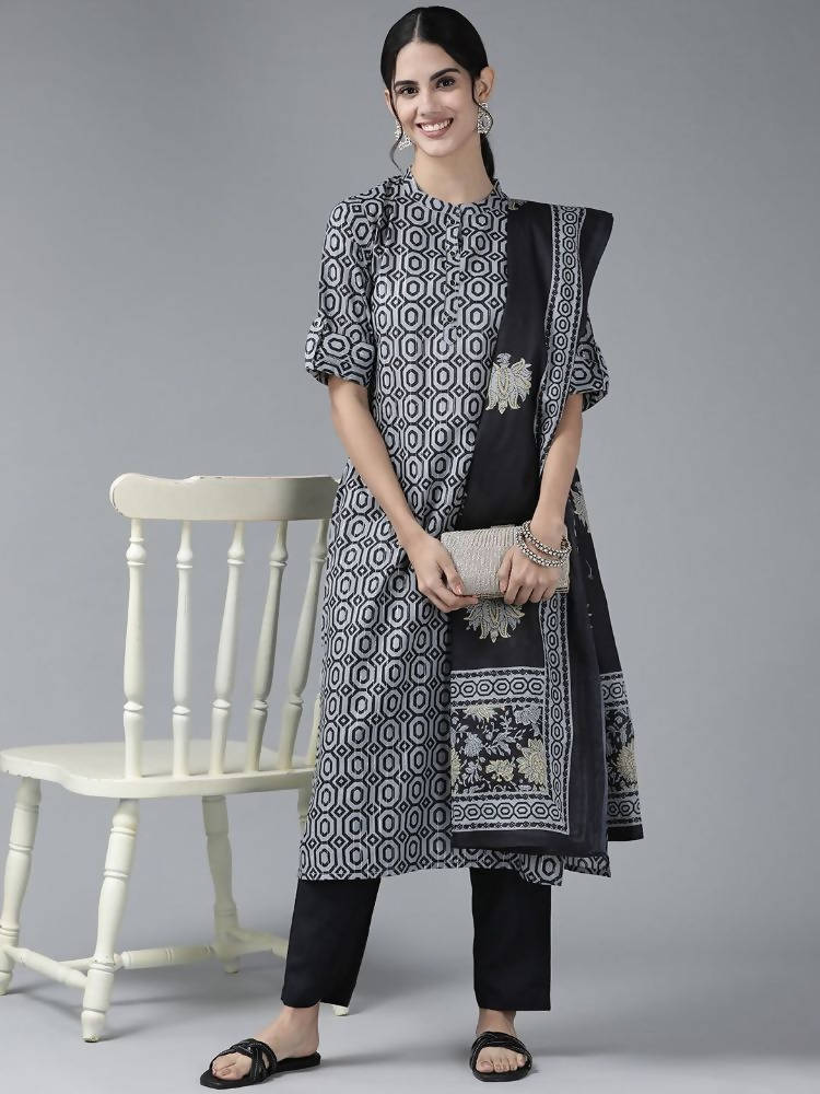 Yufta Women Grey Pure Cotton Kurta with Trouser & With Dupatta