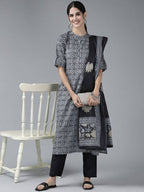 Yufta Women Grey Pure Cotton Kurta with Trouser & With Dupatta
