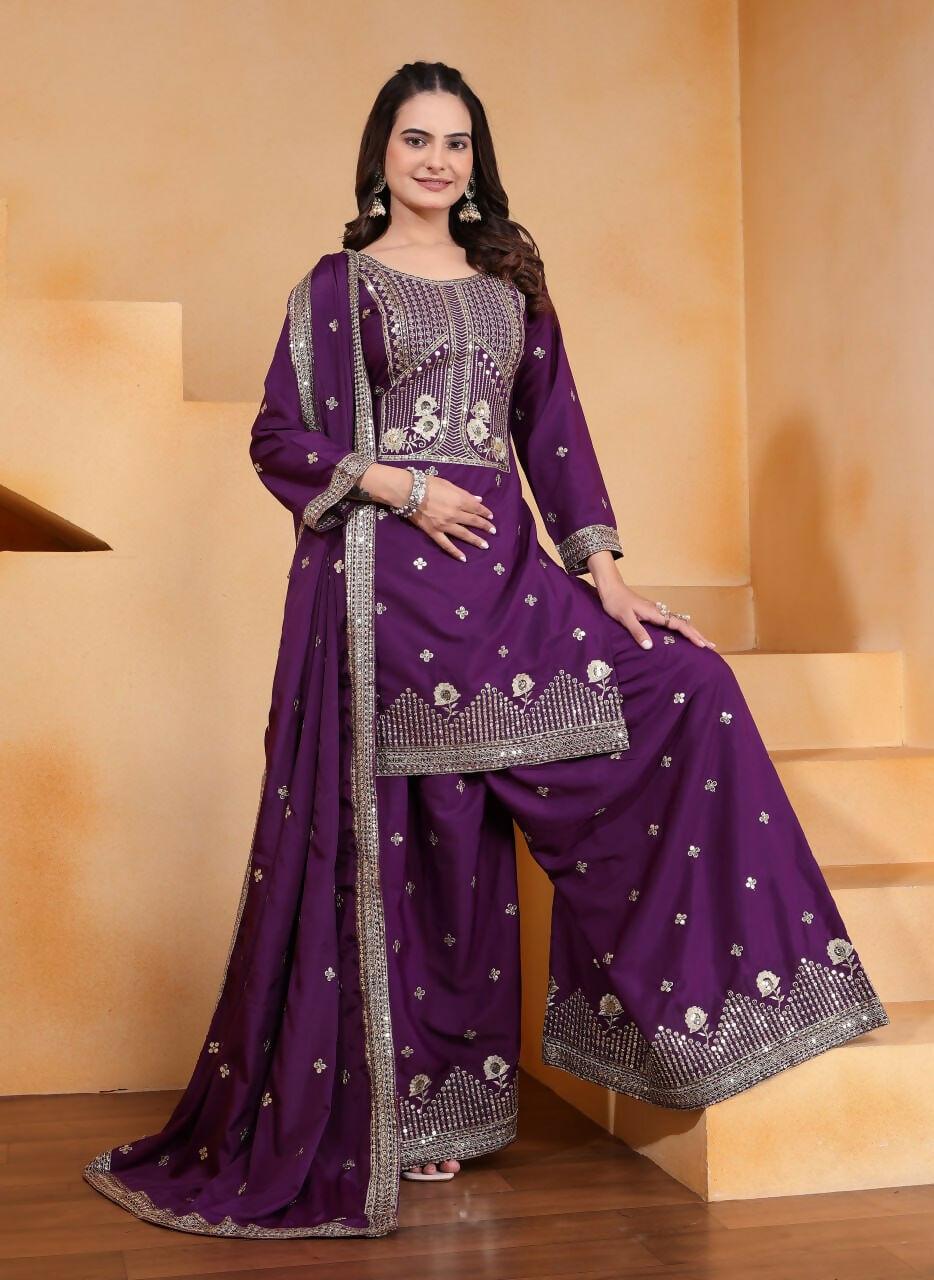 Joban Fashion Wine Crepe Embroidered Sharara Set - Distacart