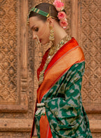 Green Silk Abstract Printed Saree With Unstitched Blouse Piece - Aanchal