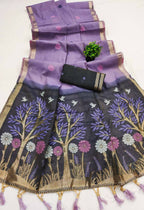 Vastranavya Lavender Muga Cotton Meenakari & Azarakh Pallu Saree with Contrast Blouse - Distacart
