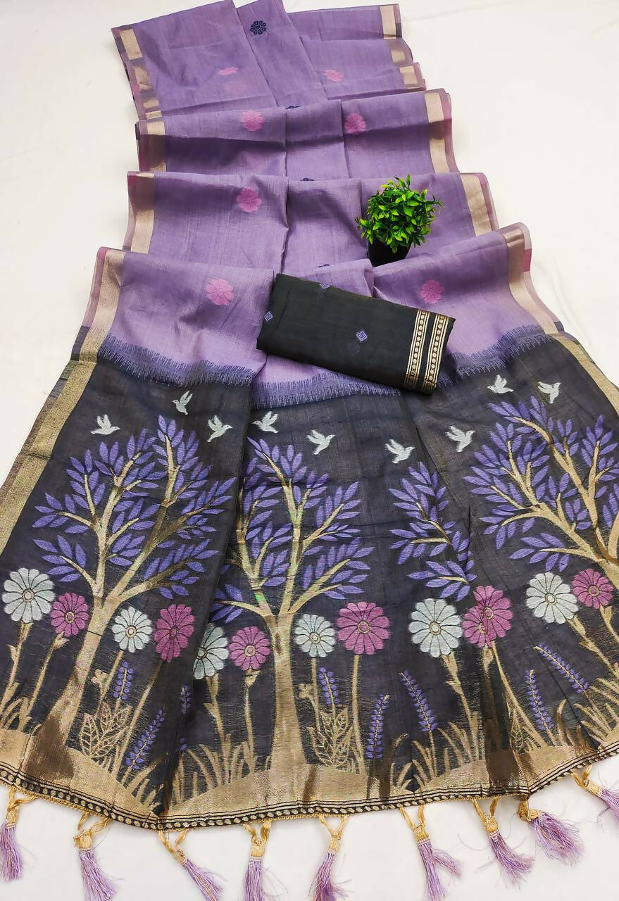 Vastranavya Lavender Muga Cotton Meenakari & Azarakh Pallu Saree with Contrast Blouse - Distacart