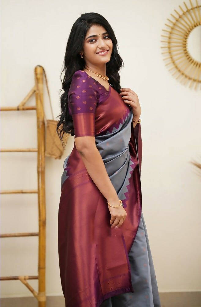 DEIANA'S Beautiful Designer Golden zari Soft Lichi Silk Saree - Grey