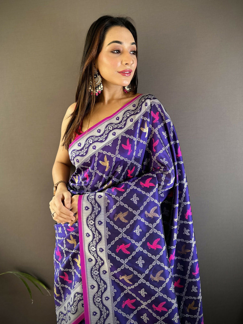 Joban Fashion Blue Jacquard Woven Pattern Lichi Soft Silk Banarasi Saree