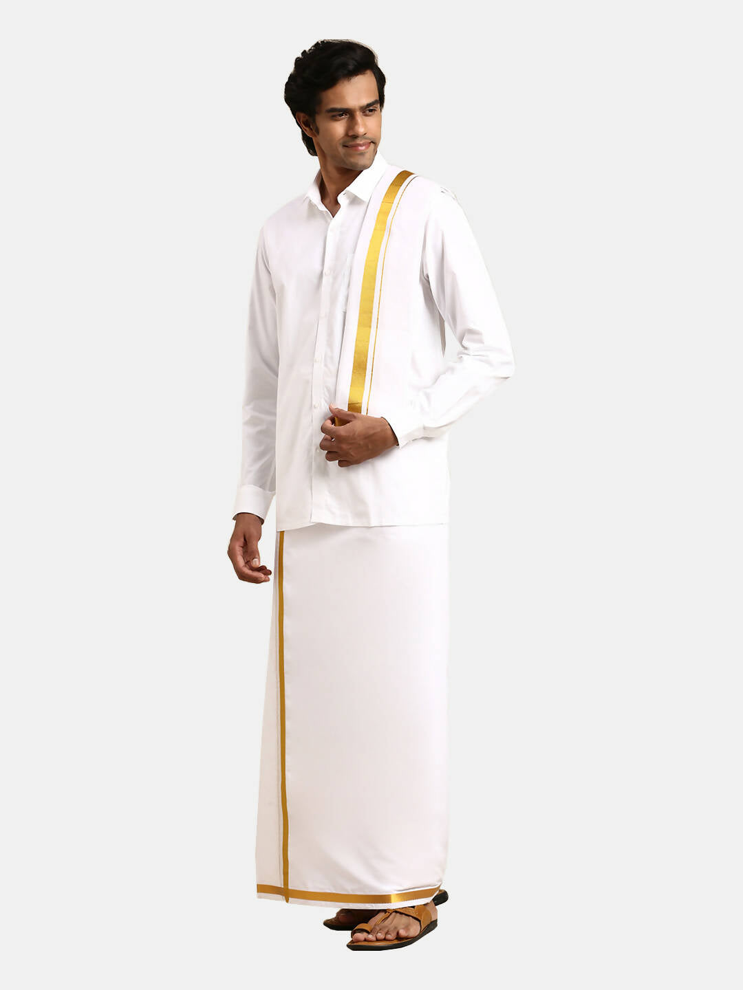 Ramraj Cotton Mens 1/2 " Poly Cotton 3 In 1 Dhoti, Towel - White