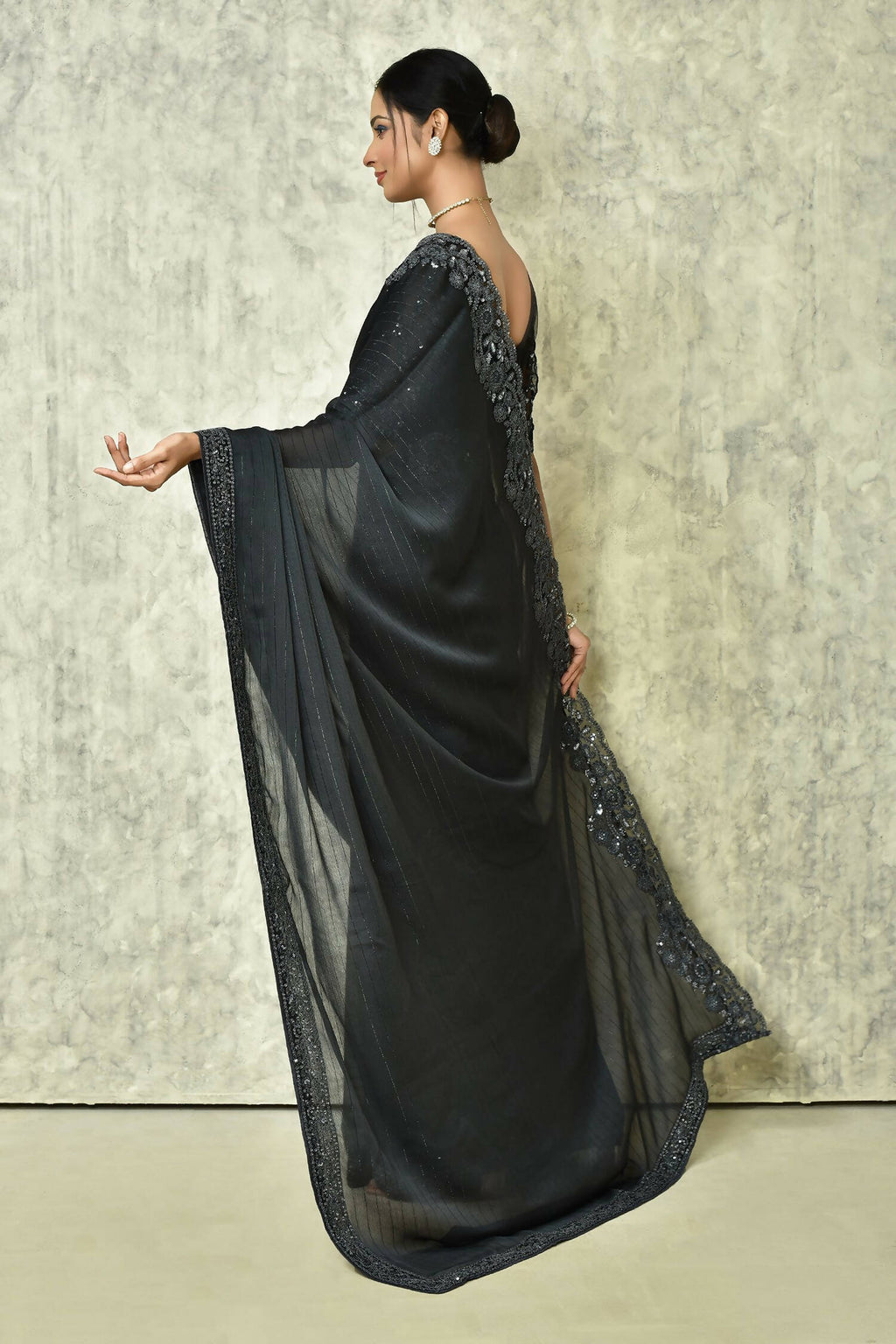 Black Silk Solid Designer Saree with Blouse - Purvi